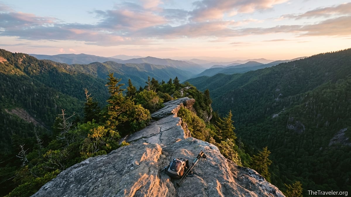 Rocky ledge of Charlies Bunion overlooking misty blue ridges in Great Smoky Mountains at sunrise.