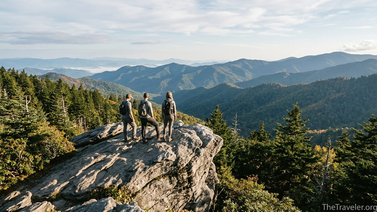 Hikers stand near the rocky edge of Charlies Bunion overlooking layered Smoky Mountain ridges.