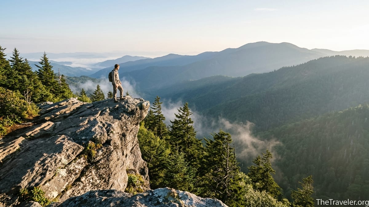 Hiker standing on a rocky Smoky Mountains overlook at sunrise with misty ridges below.
