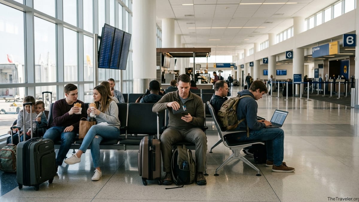 Budget traveler at a U.S. airport terminal checking a wallet and phone before a flight.