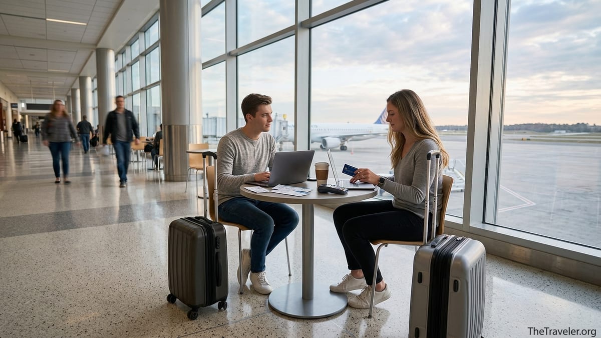 Traveler paying at an airport café with a credit card before a flight.