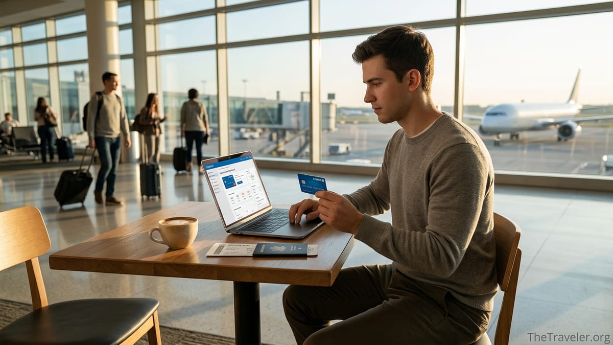 Traveler in an airport lounge reviewing credit card rewards on a laptop at golden hour.