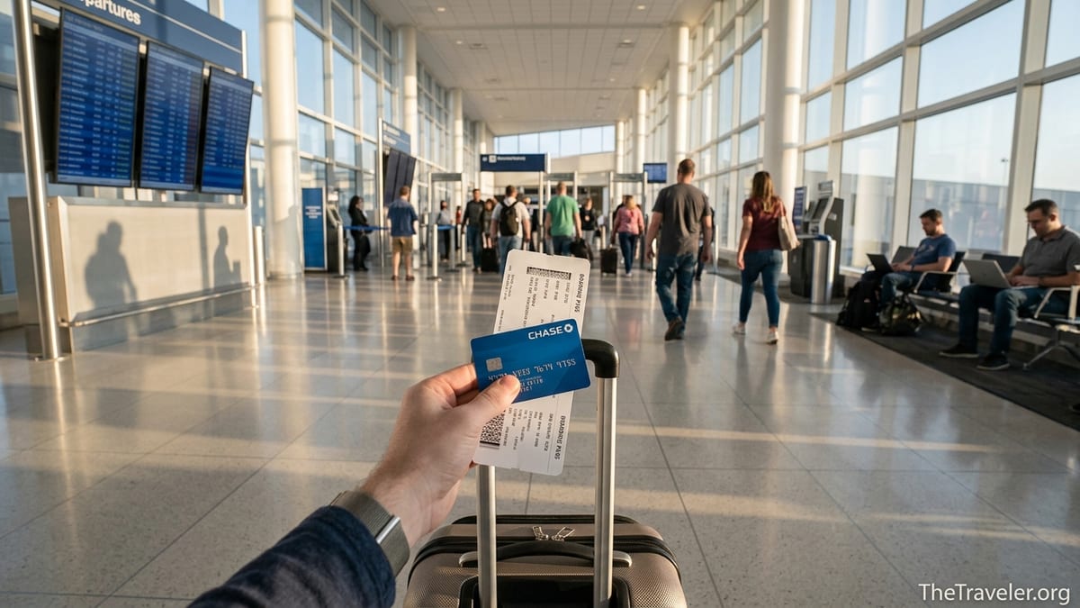 Traveler in an airport café reviewing a credit card and boarding pass while planning a trip.
