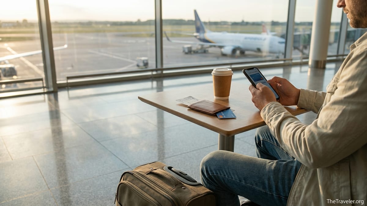 Traveler at airport table checking credit card app with suitcase and runway view at sunset.