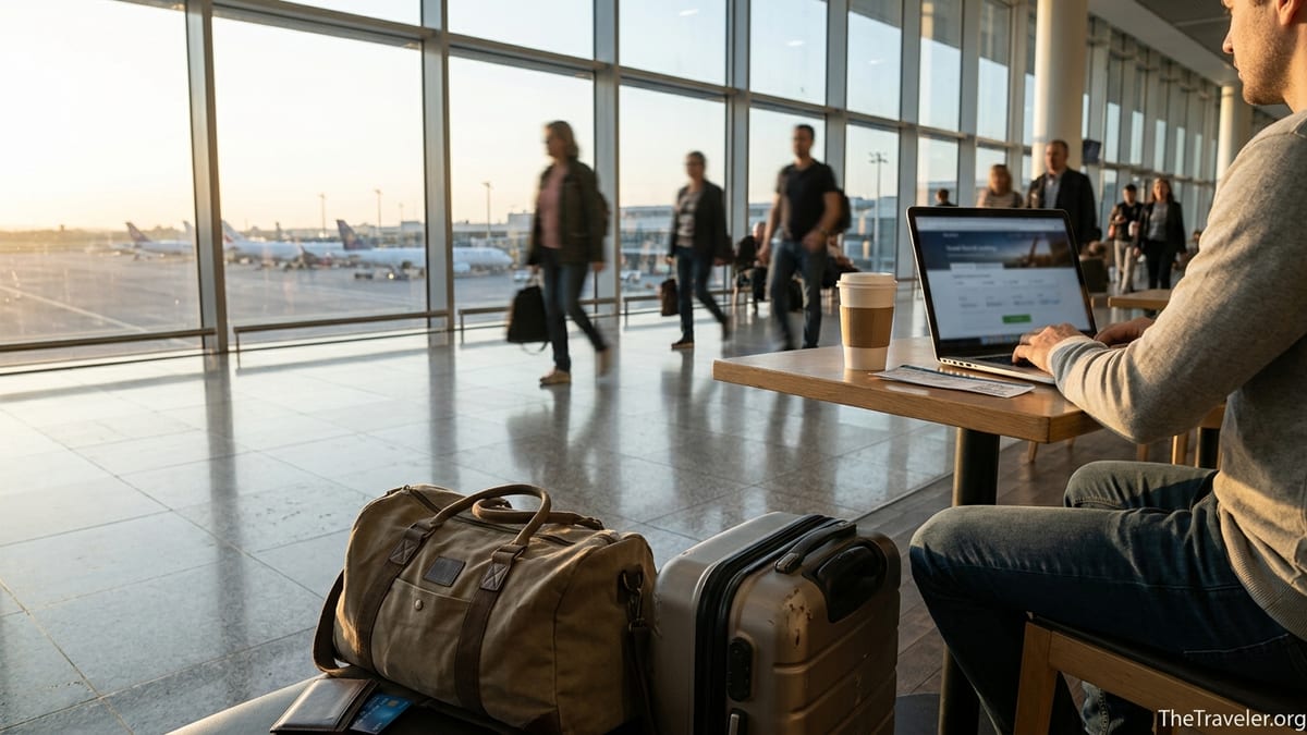 Traveler at airport table with carry-on bag, laptop, and credit card visible in soft afternoon light.