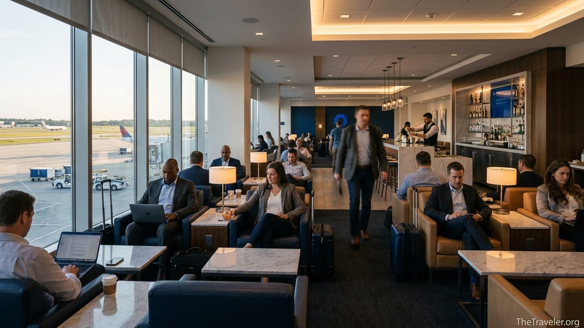 Travelers relaxing and working inside a modern airport credit card lounge overlooking the runway.