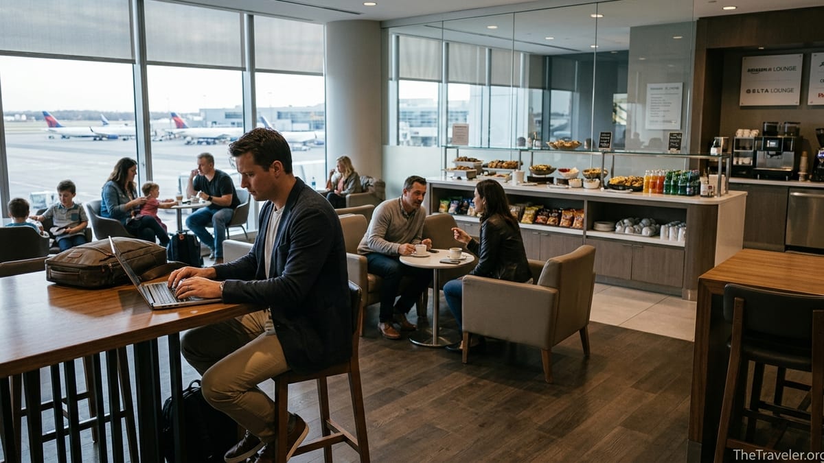 Travelers relaxing and working in a bright modern airport lounge overlooking the runway.