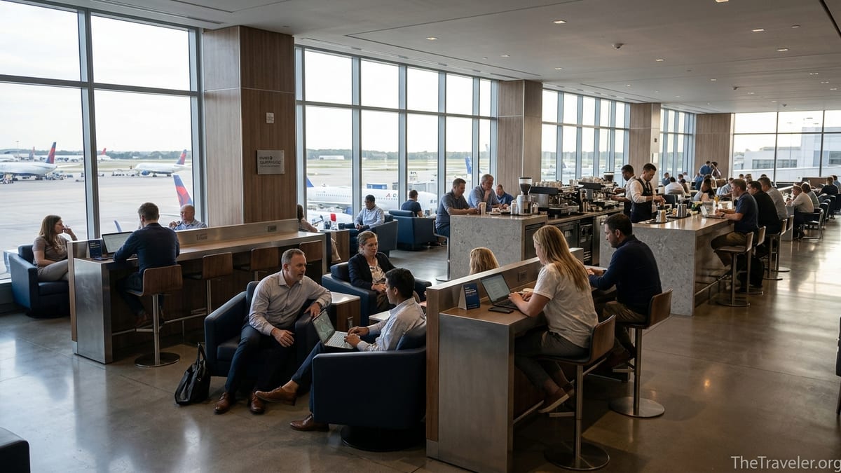 Travelers relax and work inside a modern Chase-branded airport lounge overlooking the runway.