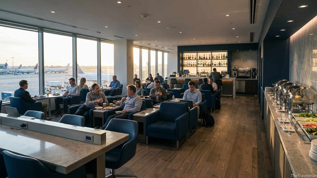 Travelers relaxing in a bright Chase Sapphire airport lounge overlooking the tarmac.