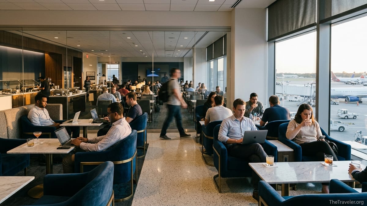 Travelers relaxing in a modern airport lounge comparing premium and standard spaces.