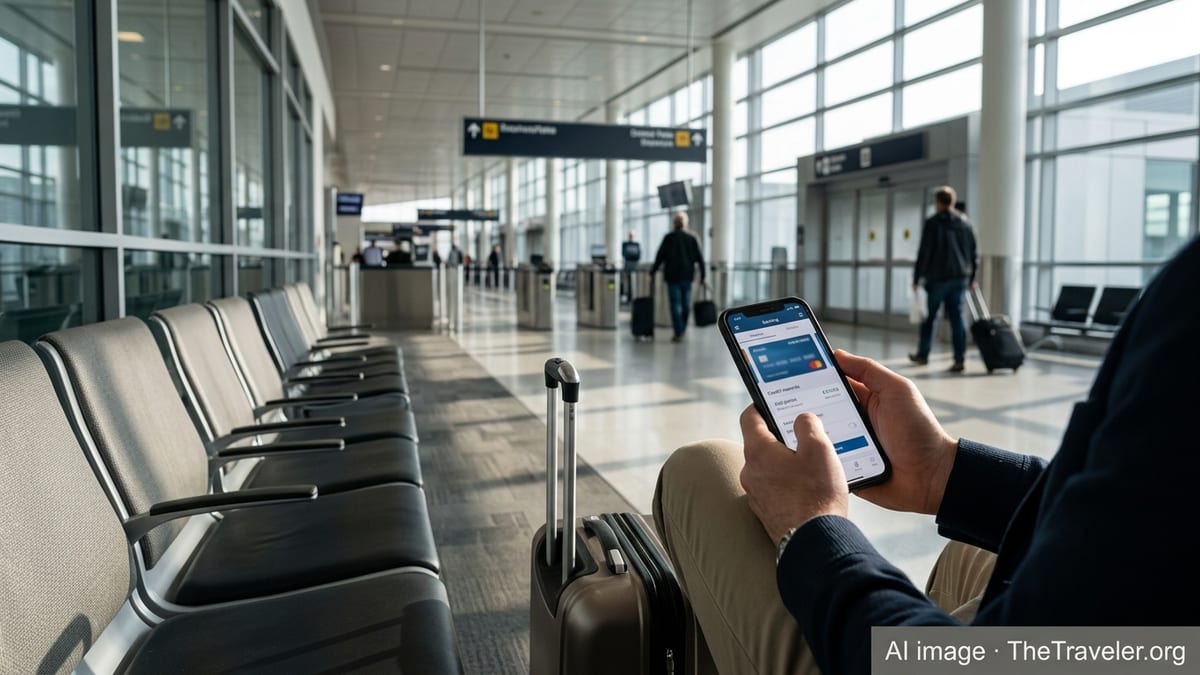 Traveler in an airport lounge checking a credit card rewards app on a smartphone.