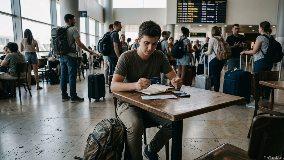 Budget traveler in an airport café checking a travel rewards card before a flight.