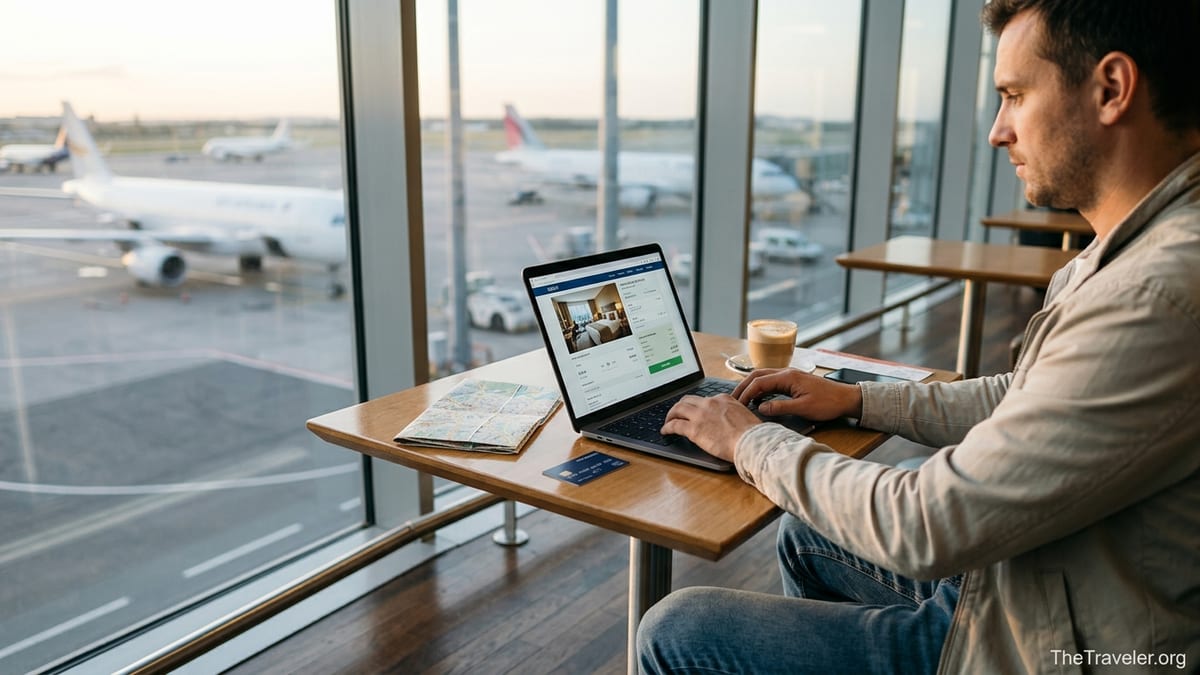 Traveler in an airport lounge using a credit card and laptop to book a trip.