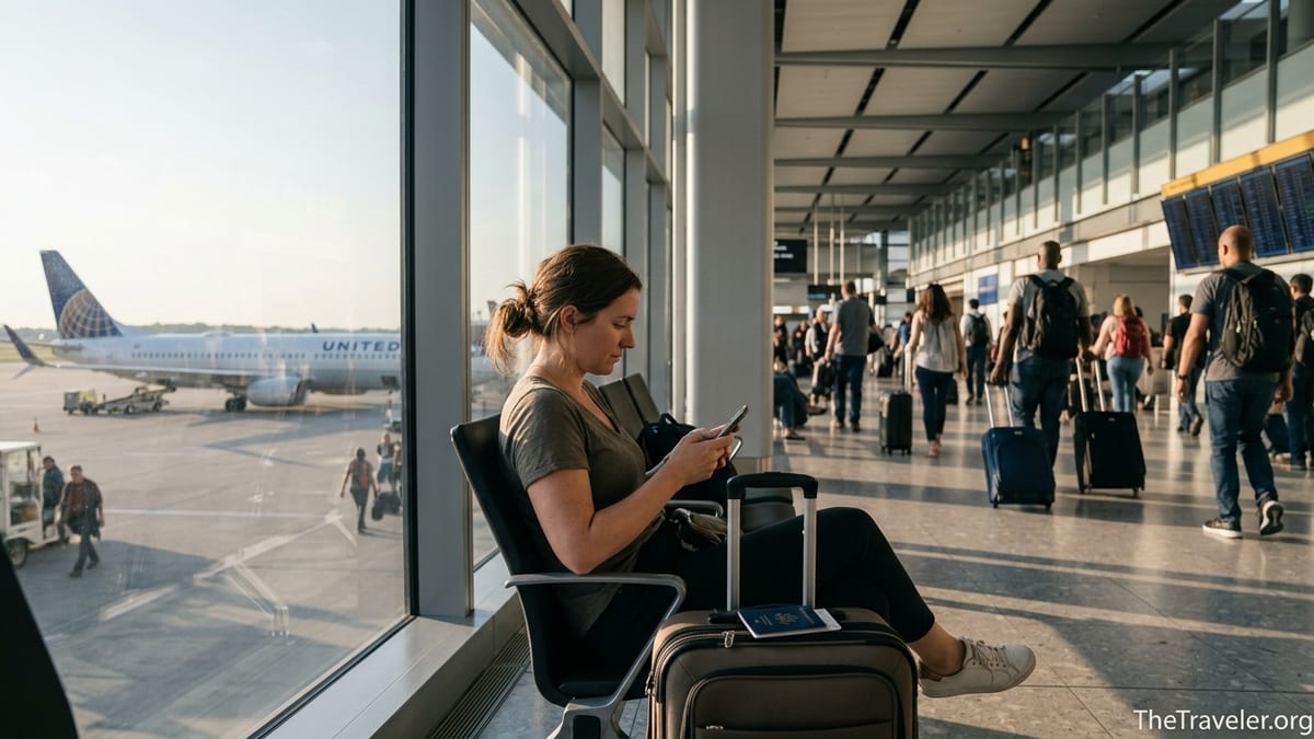 Traveler at airport gate with suitcase, passport and credit card during golden hour.