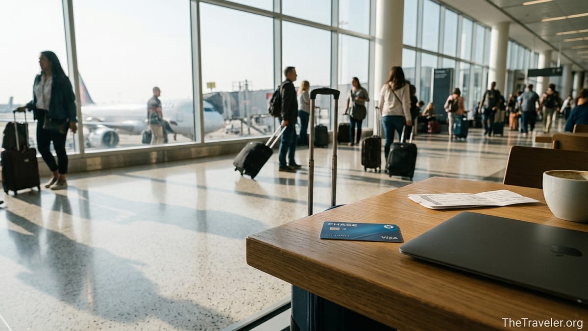 Traveler planning a trip on a laptop in a bright airport terminal with a credit card nearby.