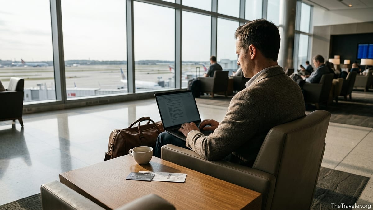 Business traveler working on a laptop in an airport lounge with runway views.
