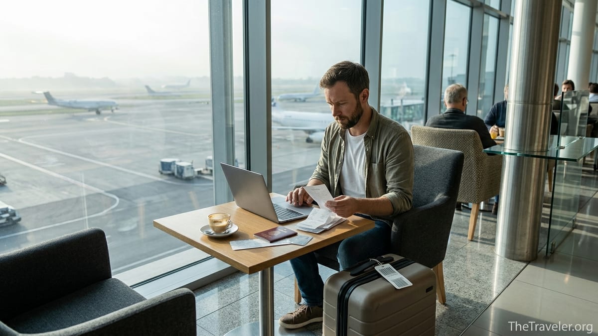 Entrepreneur reviewing travel expenses with a credit card in an airport lounge.