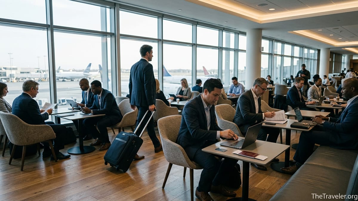 Business travelers working in an airport lounge with planes visible through large windows.
