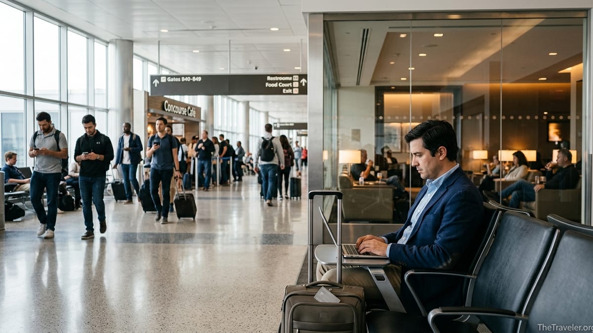 Business traveler working at an airport gate while an upscale lounge glows in the background.