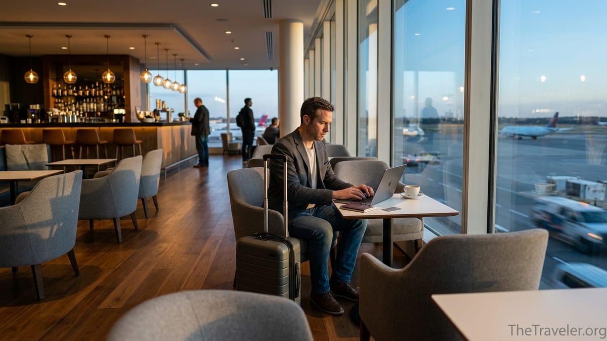 Business traveler working in an upscale airport lounge with runway view at sunset.