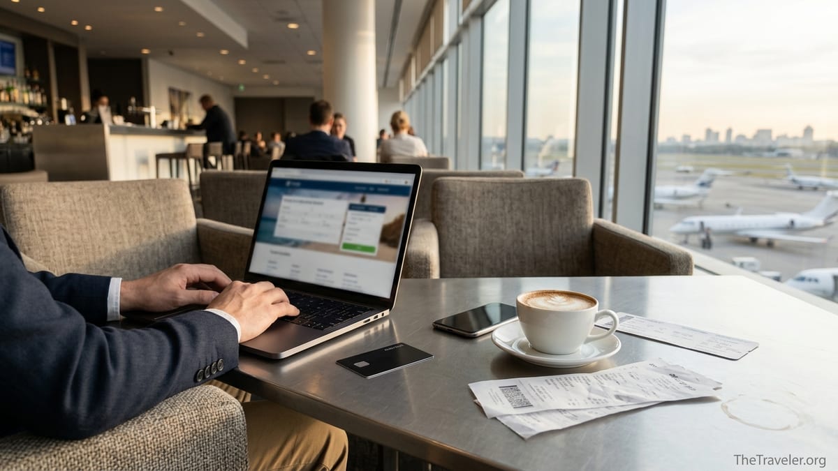 Business traveler in an airport lounge using a laptop with a metal credit card and coffee on the table.