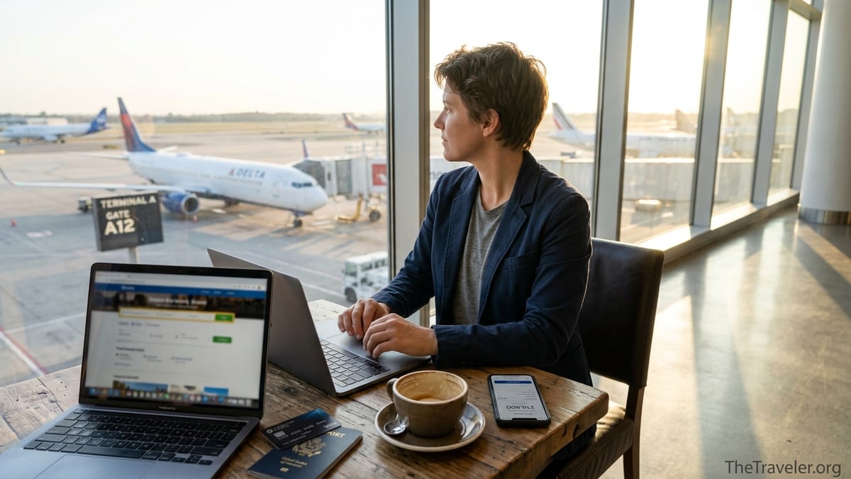 Traveler in an airport lounge reviewing Chase Sapphire Reserve points on laptop.
