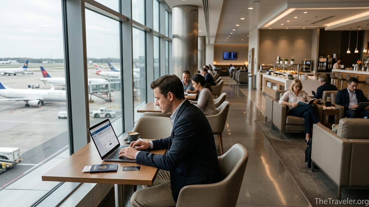 Traveler using laptop and credit card in bright airport lounge overlooking runway