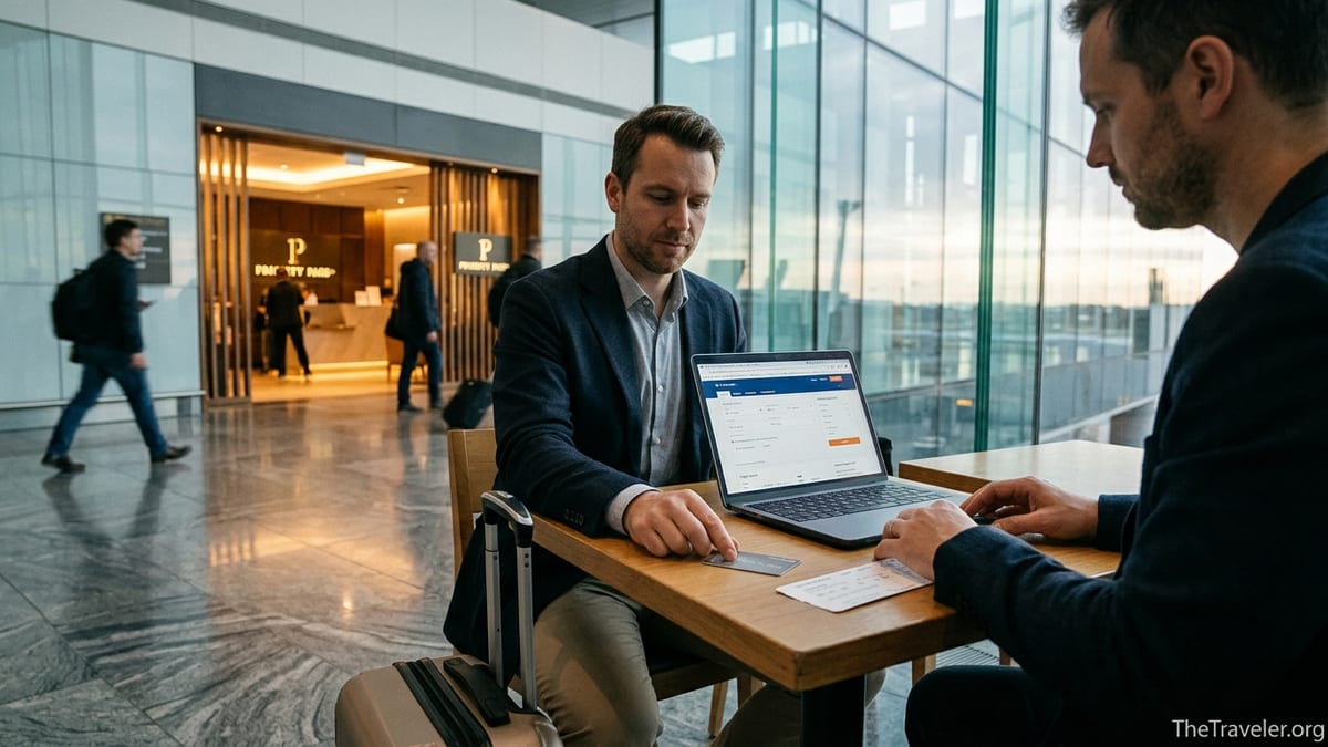 Traveler at airport lounge entrance reviewing a premium travel credit card before a flight