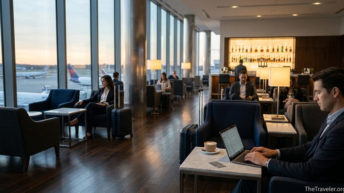 Traveler relaxing in an upscale airport lounge with planes visible through large windows.