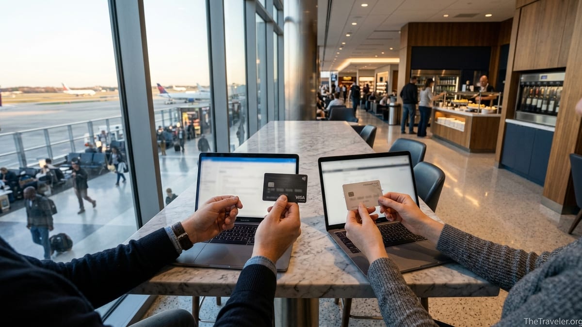 Two travelers compare premium credit cards at an airport lounge bar overlooking planes taxiing outside large windows.