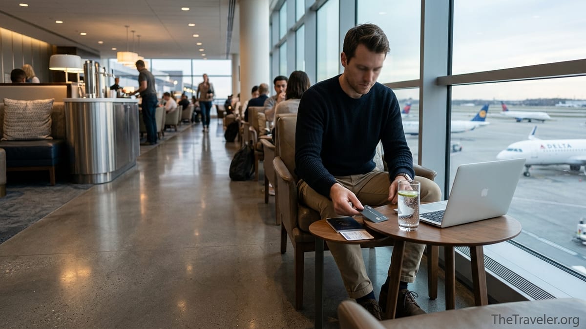 Traveler in an airport lounge with credit card, passport, and laptop by a window overlooking planes.
