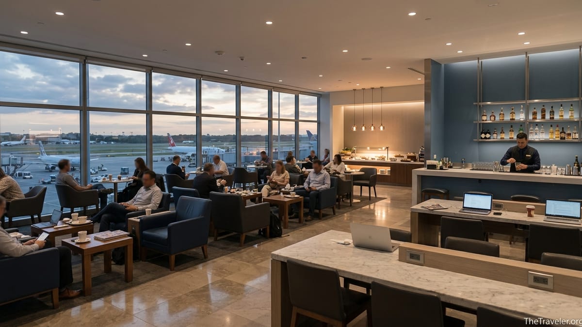 Travelers relaxing and working inside a modern premium airport lounge at dusk.