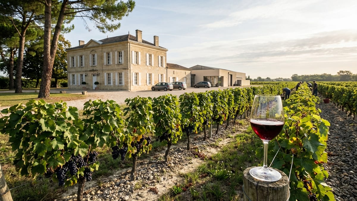 Late afternoon view of Château Dauzac vineyard with ripe grapes and the château in the background.