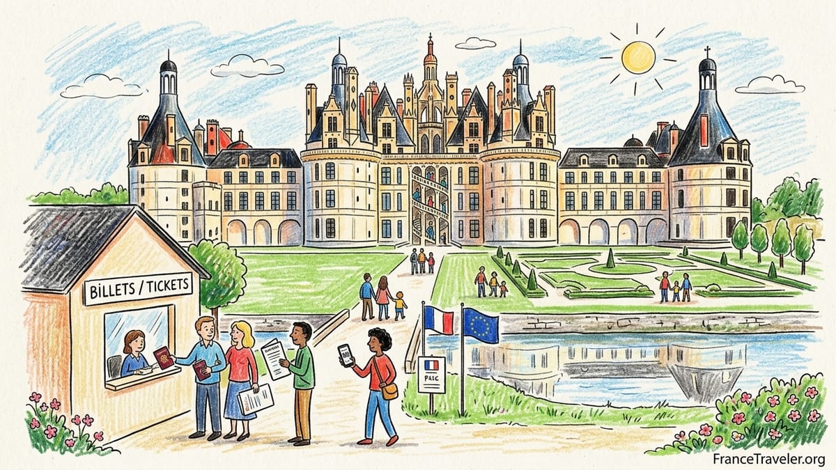 View of Château de Chambord reflected in the canal with visitors and boats on a mild afternoon.
