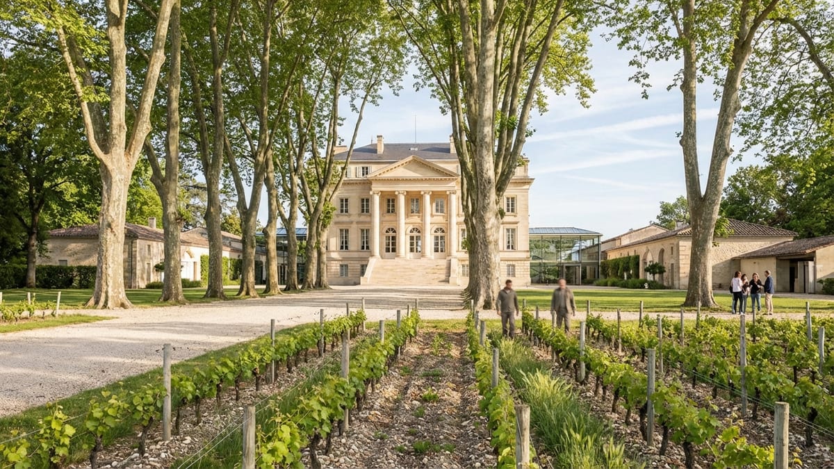 Late afternoon view of Château Margaux, with vineyards, tree-lined drive, and subtle human activity.