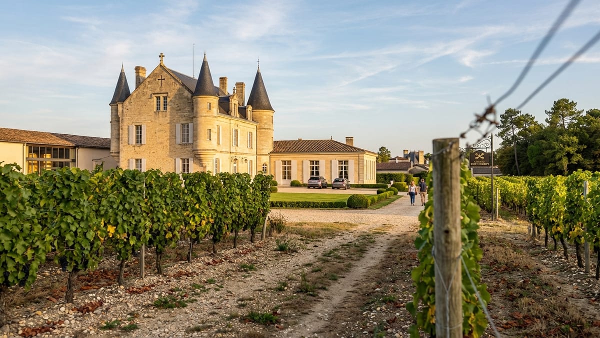 Late afternoon view of Château Pape Clément vineyard with historic estate and suburban background.