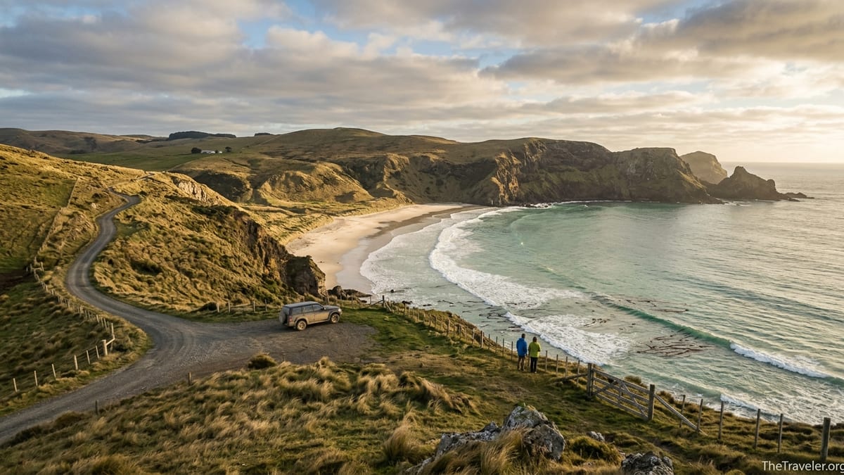 Rugged Chatham Island coastline with cliffs, gravel road and wide remote bay at golden hour.