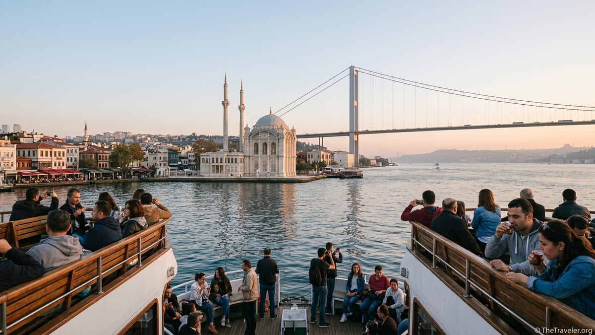 Budget travelers on a Bosphorus tour boat passing Ortaköy Mosque and the Bosphorus Bridge at sunset.