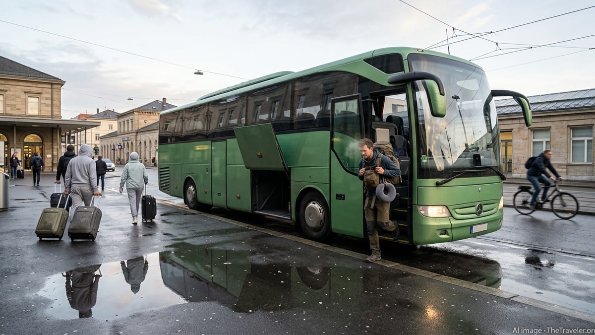 Backpacker stepping off a long-distance coach at a European bus station at dawn.