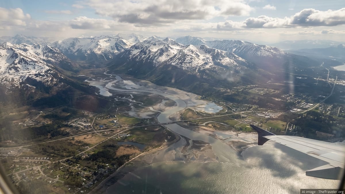 Airplane wing over mountains and coastal inlet on approach to Anchorage, Alaska.