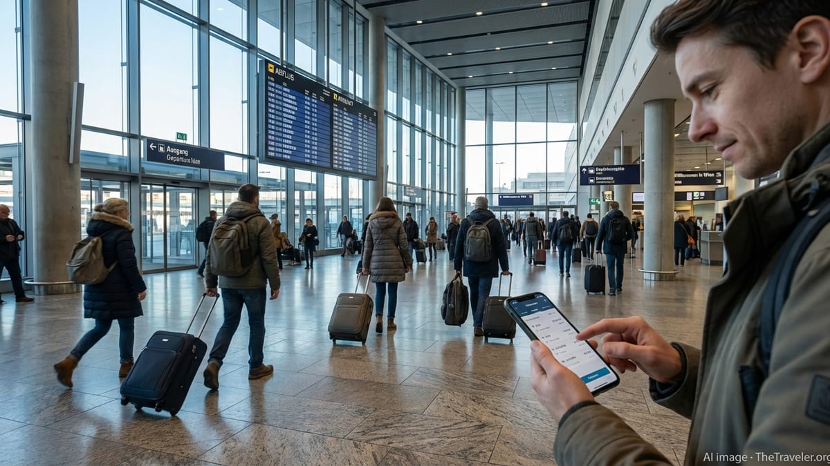 Travelers with suitcases walking through Vienna International Airport arrivals hall.