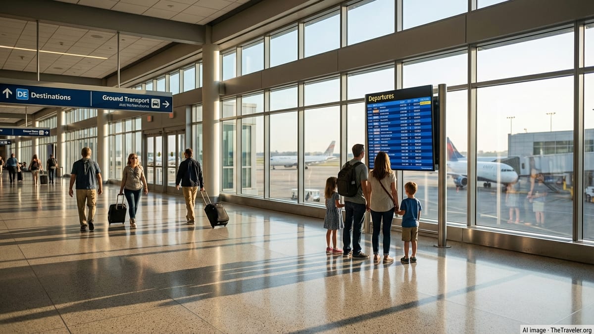 Travelers walking through a bright airport concourse at sunrise near gates to Delaware.