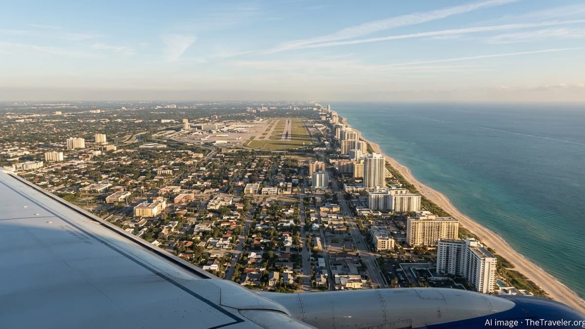Aerial view from a plane window approaching a Florida coastal city and airport at golden hour.