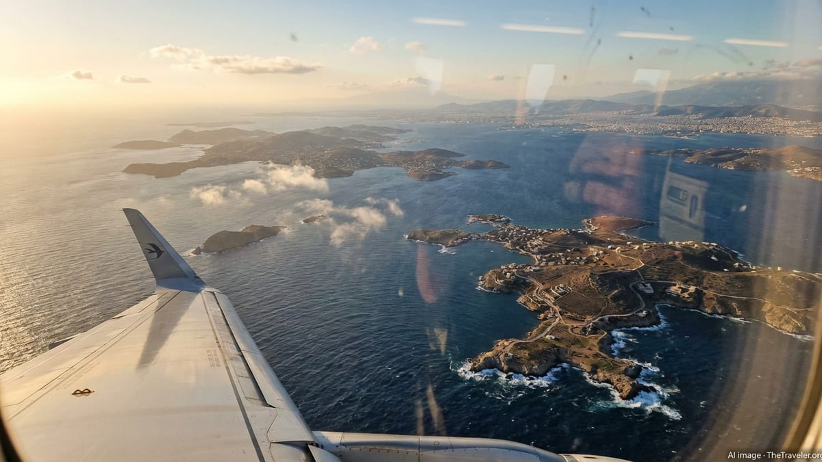 View of Greek islands and Athens coastline from airplane window at sunset