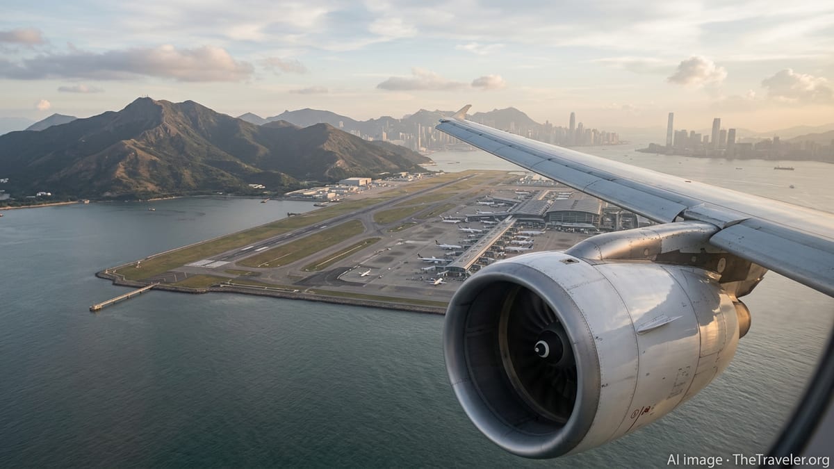 Airliner approaching Hong Kong International Airport at sunset with skyline in haze