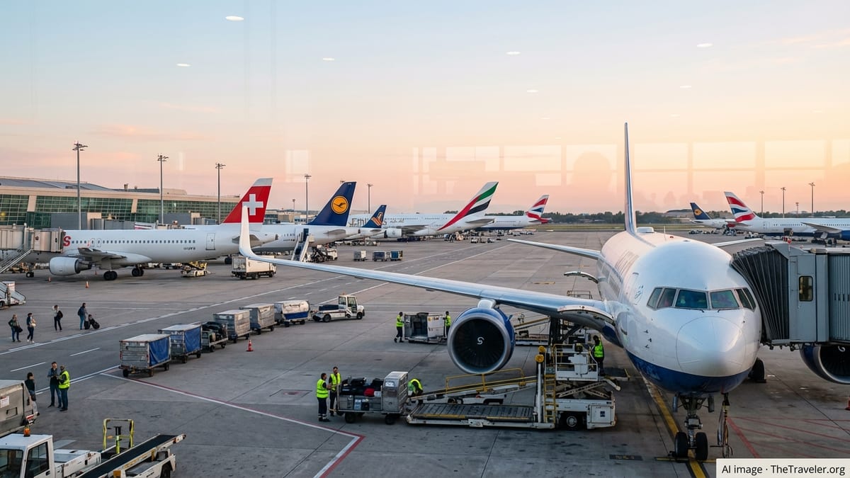 Row of planes at Rome airport at sunrise with ground crews preparing flights.