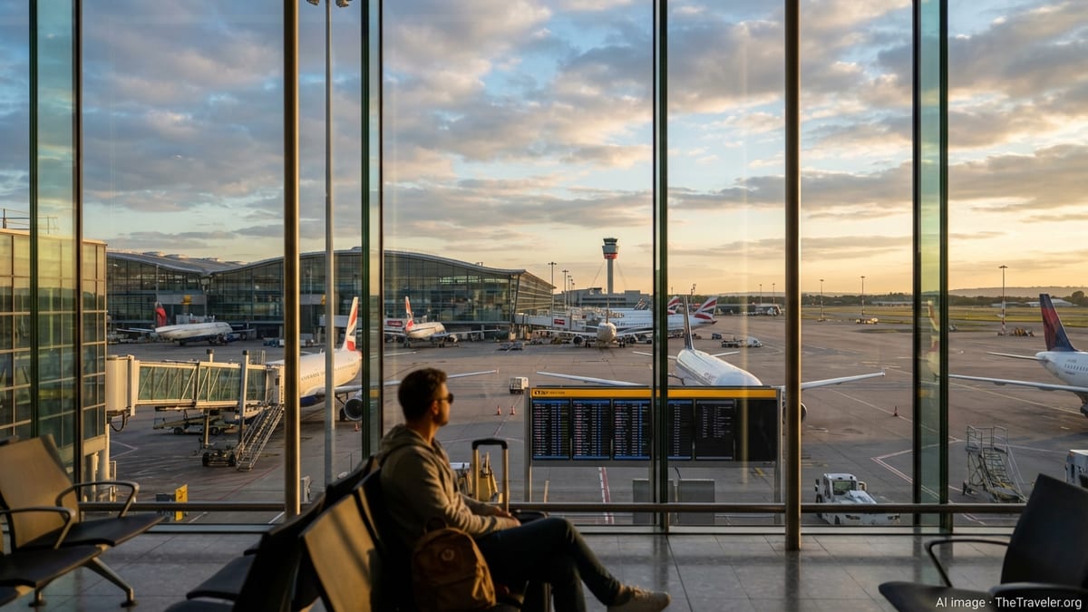 Traveller in a UK airport lounge at sunset overlooking parked aircraft and runways.