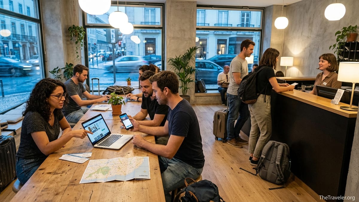 Travelers comparing prices on phones and laptops in a cozy budget hotel lobby at check-in.