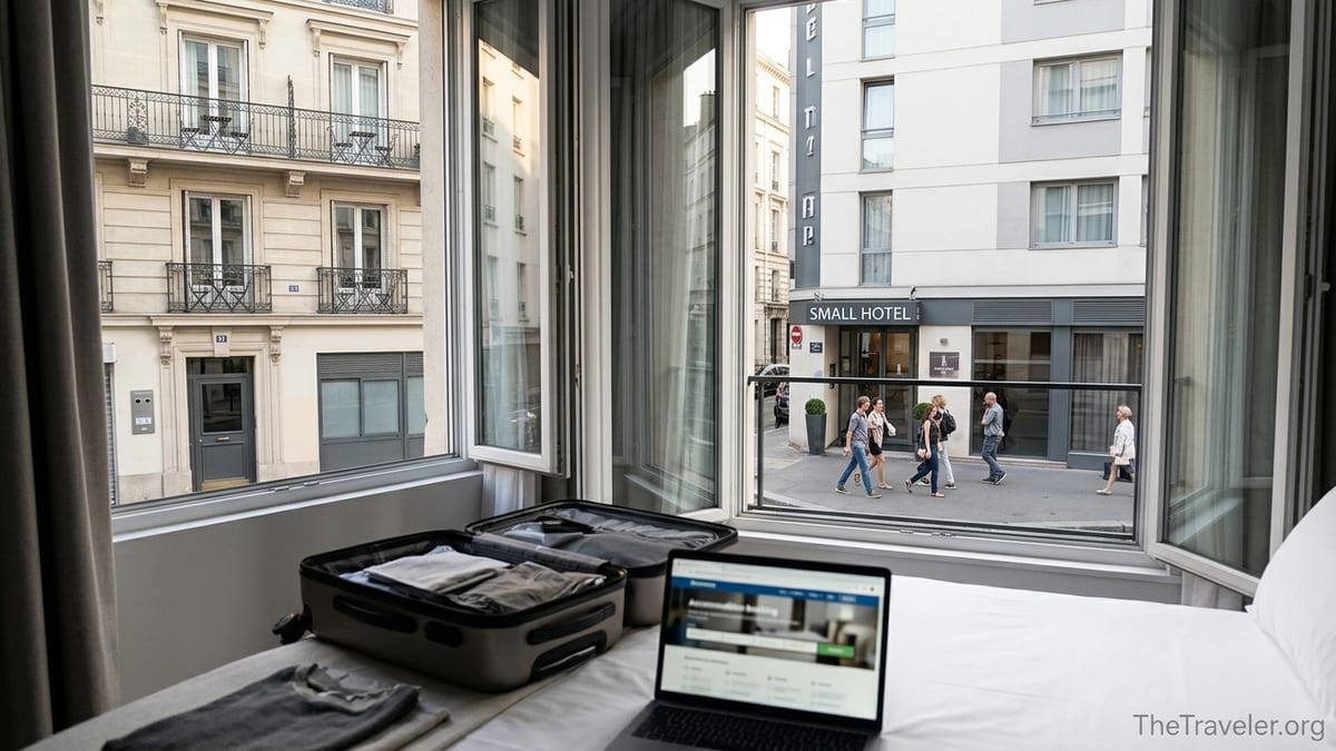 Traveler comparing hotel and Airbnb across a city street from a modest hotel room window.