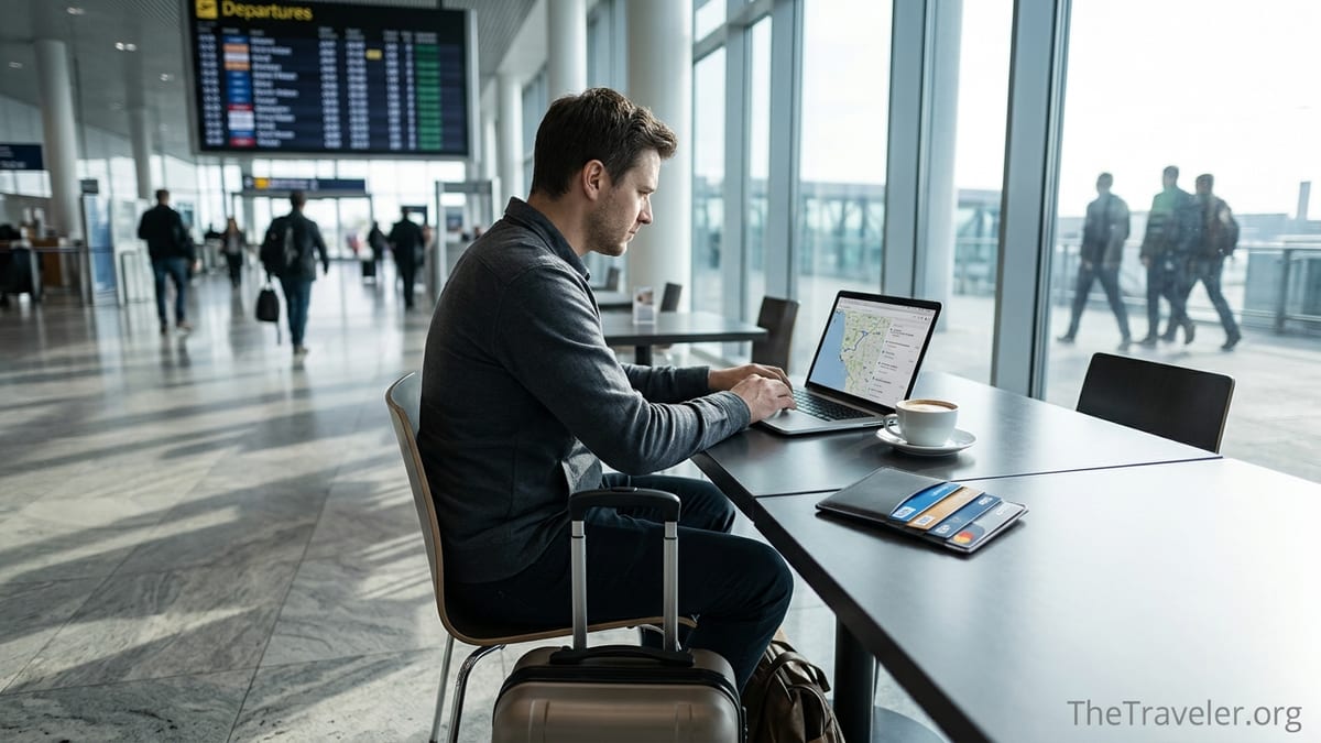 Traveler in airport café reviewing credit cards and trip plans near large windows.